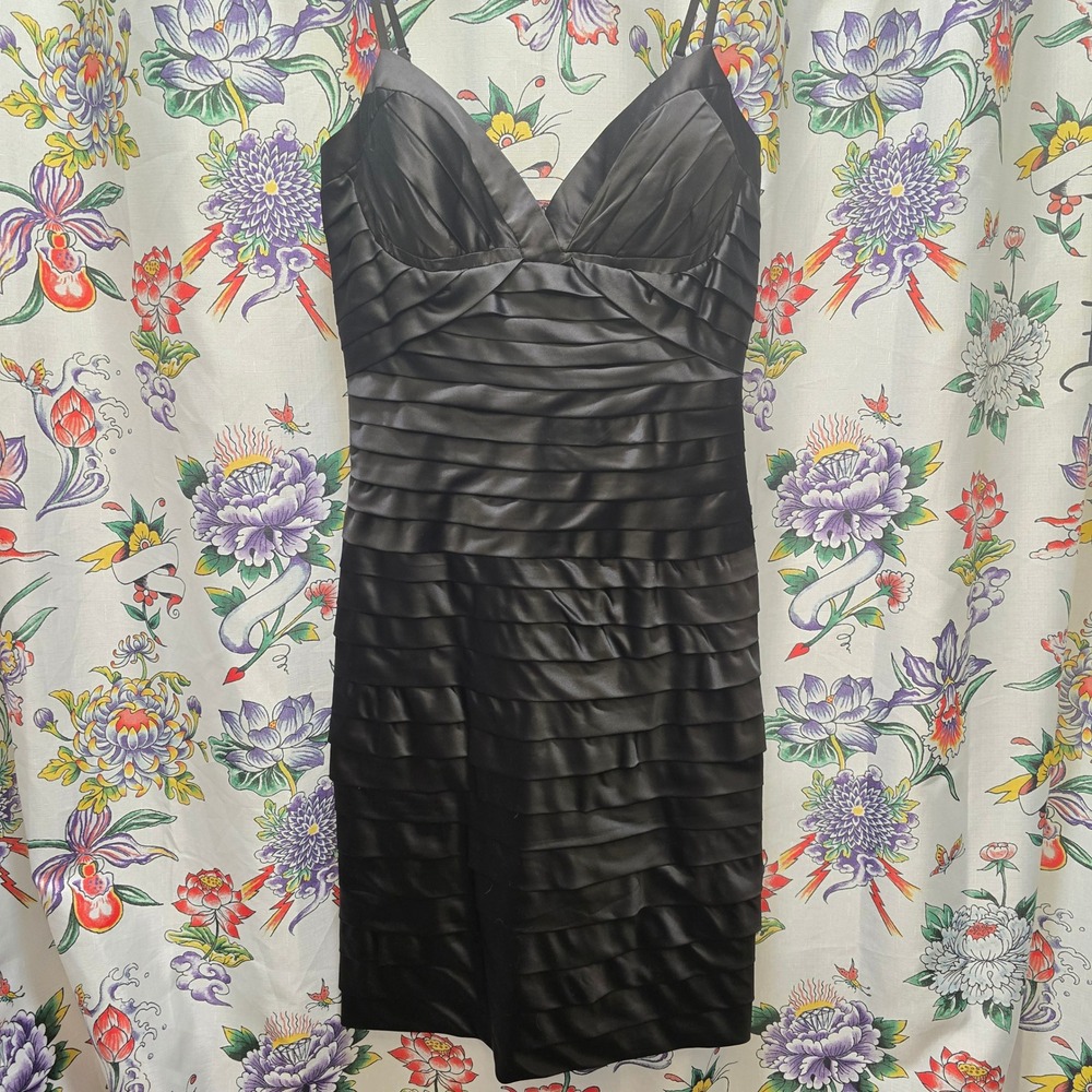 Noreen Phillips International Black Satin Bandage Y2K Cocktail Dress Size 12 Vtg
